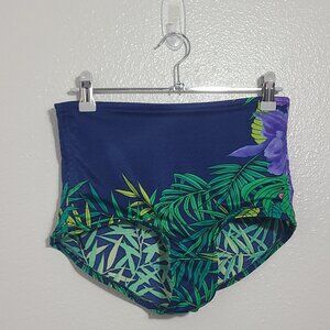 Women's High Waisted Bikini Bottom Tropical Leaves Flower Blue JC Penny